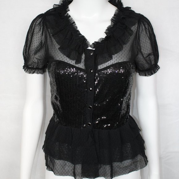 Forever 21 Women's See-thru Blouse Lace Ruffles Sequin Button Up Black Medium - Picture 1 of 9